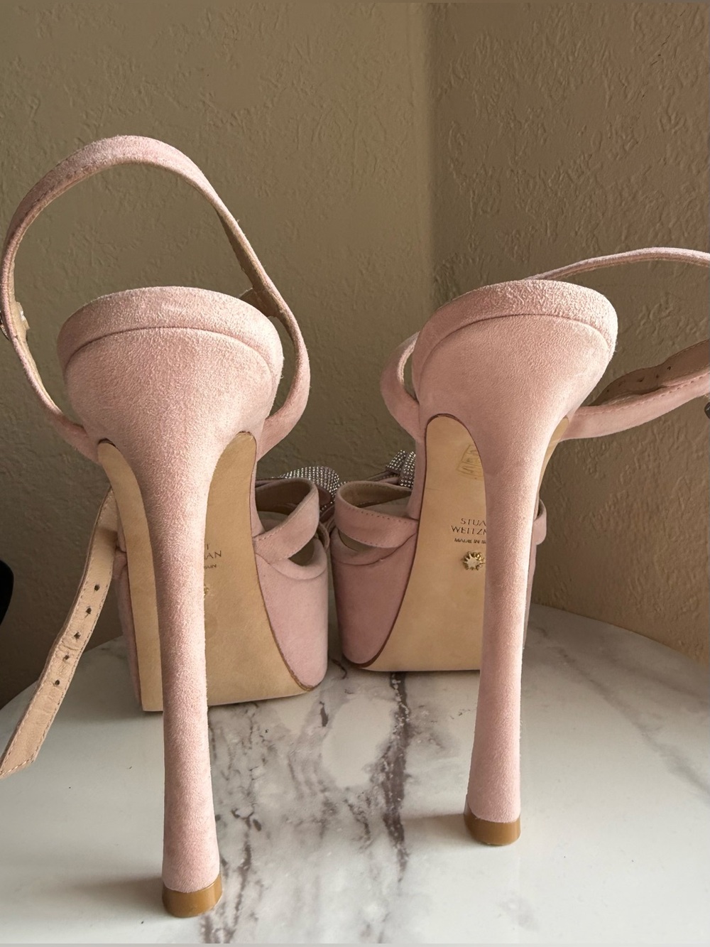 Stuart Weitzman Mega Bow Platform Heels Sandals crystal Pink suede Size 7 - Picture 6 of 16
